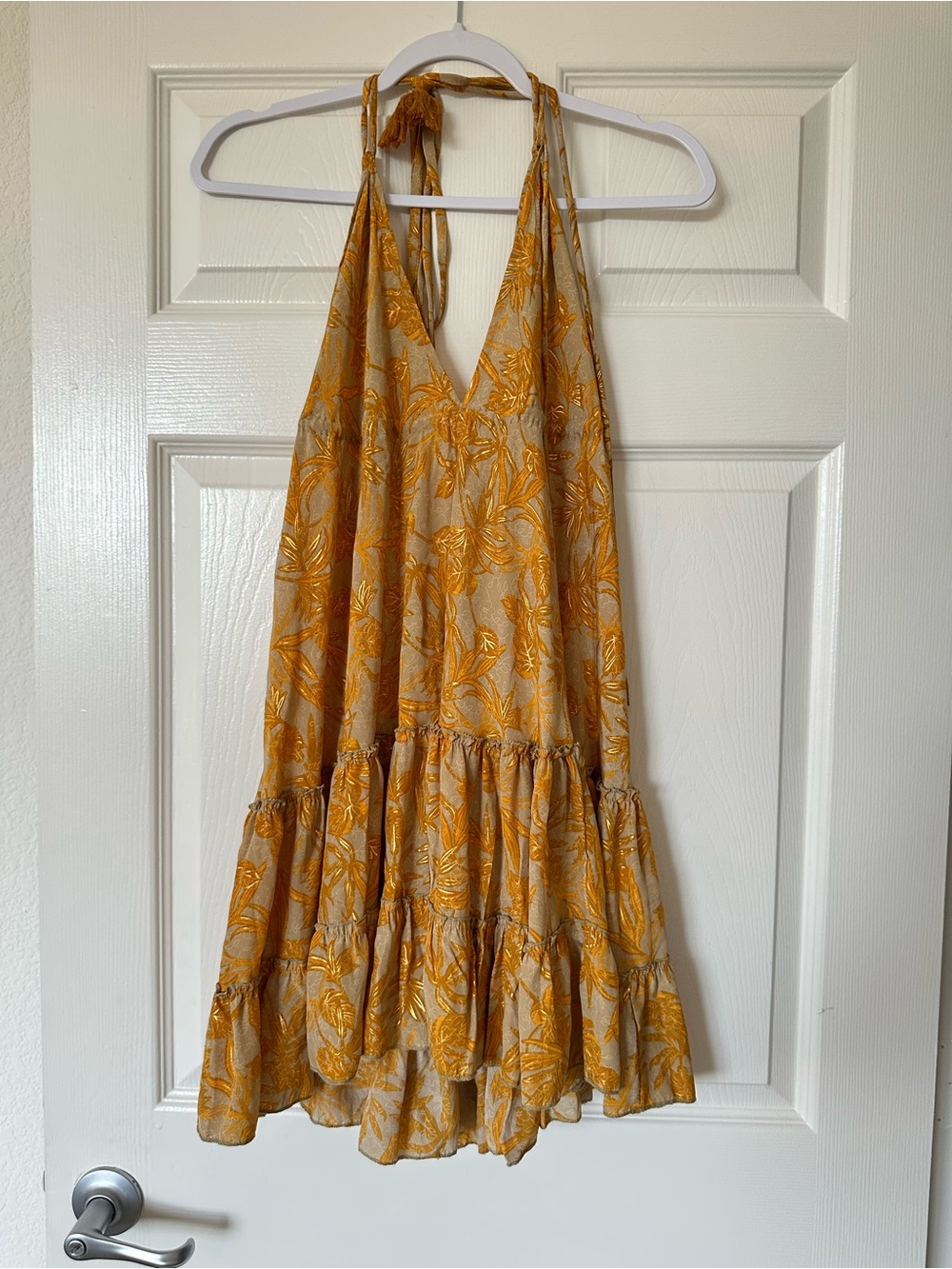 Ble Resort Collection Gold Foil Halter Leaf Print Tiered Ruffle Dress